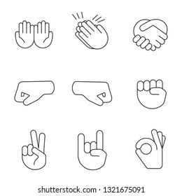 Hand gesture emojis linear icons set. Thin line contour symbols. Begging, applause, handshake, left and right fists, peace, rock, OK gesturing. Isolated vector outline illustrations. Editable stroke