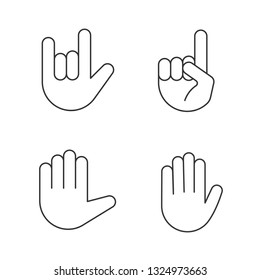 Hand gesture emojis linear icons set. Thin line contour symbols. Love you, heavy metal, heaven, high five, stop gesturing. Isolated vector outline illustrations. Editable stroke