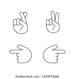 Hand gesture emojis linear icons set. Thin line contour symbols. Luck, lie, victory, peace gesturing. Backhand index pointing left and right. Isolated vector outline illustrations. Editable stroke