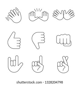 Hand gesture emojis linear icons set. Thin line contour symbols. Waving, stop, jazz, thumbs up and down, fist, love you, luck, lie gesturing. Isolated vector outline illustrations. Editable stroke