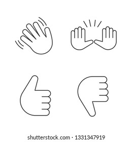 Hand gesture emojis linear icons set. Thin line contour symbols. Hello, goodbye, stop, good job, disapproval gesturing. Thumbs up and down. Isolated vector outline illustrations. Editable stroke