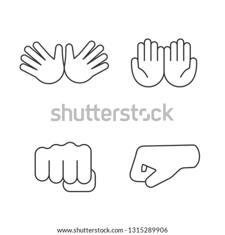 Hand gesture emojis linear icons set. Thin line contour symbols. Jazz, hug, begging gesturing, punching fists. Cupped and opened palms. Isolated vector outline illustrations. Editable stroke