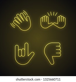 Hand Gesture Emojis Neon Light Icons Set. Hello, Goodbye, Stop, Love You, Disapproval Gesturing. Waving And Raising Hands, Thumbs Down, Rock On Glowing Signs. Vector Isolated Illustrations