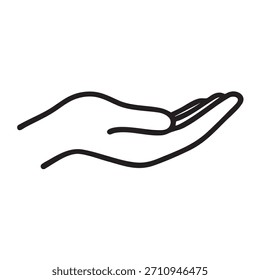 Gesto de la mano con la palma vacía hacia arriba. Vector de contorno de símbolo de mendicidad u ofrenda aislado sobre fondo blanco. Dibujo de línea en blanco y negro de la mano humana.