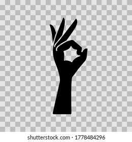 Handgeste, alles ist in Ordnung, okay. Vektorsymbol einzeln auf transparentem Hintergrund, schwarze Silhouette, minimales flaches Design, eps10.