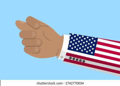 Hand gesture of fig sign with flag of USA. American conflict concept. Stock vector illustration in flat design.