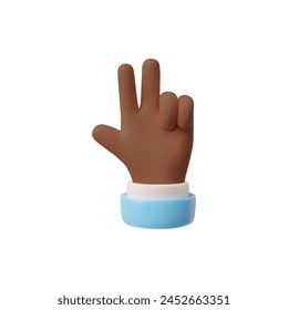 Hand gesture finger sign three 3 number vector 3D illustration. Cartoon communication gesture, count render infographic. Afro human palm with blue sleeve, fingers show odd number