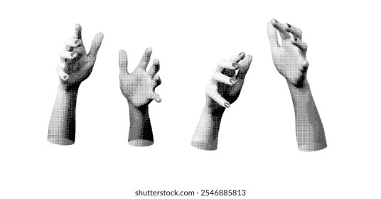 Hand gesture with fingers outstretched, reaching to grasp or catch, isolated in retro halftone dot style. Nostalgic 1990s inspired design featuring vintage grunge texture.