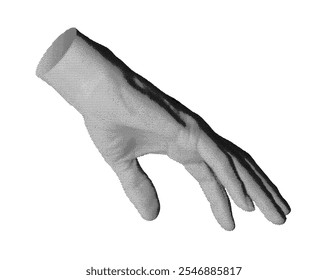 Hand gesture with fingers outstretched and reaching down, symbolizing grasp or touch, isolated in retro halftone dot style. Nostalgic 1990s inspired design with vintage grunge