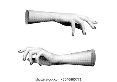 Hand gesture with fingers outstretched, symbolizing reach or expression, isolated in retro halftone dot style. Nostalgic 1990s inspired design with vintage grunge texture,