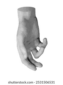 Hand gesture, fingers reaching out down, touching, outstretched. Halftone style vector isolated on white background.
