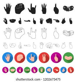 Hand gesture flat icons in set collection for design. Palm and finger vector symbol stock web illustration.