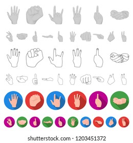 Hand gesture flat icons in set collection for design. Palm and finger vector symbol stock web illustration.
