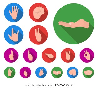 Hand gesture flat icons in set collection for design. Palm and finger vector symbol stock web illustration.