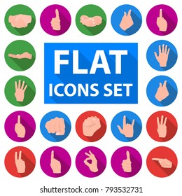 Hand gesture flat icons in set collection for design. Palm and finger vector symbol stock web illustration.