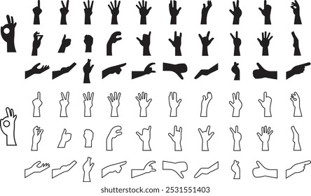 Hand Gesture flat and line icons Set. Hand drawn Emoji. Perfect vectors for communication, body language designs element. Okay, Thumb up, palm, peace, Raise hand Waving sign on transparent background.