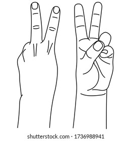 Hand gesture in form letter V. Front and back views of peace gesture in sign language. Vector illustration in outline style isolated on white background.