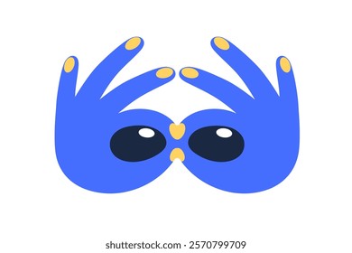 Hand gesture forming, shaping funny mask around eyes. Playful quirky party accessory, eyewear, glasses for Purim carnival, festive masquerade. Flat vector illustration isolated on white background