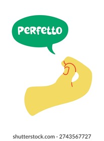 Hand gesture forms the Italian perfetto sign with a speech bubble accent. Bold outline and playful cartoon look for emoji, chat, and social use. Vector illustration