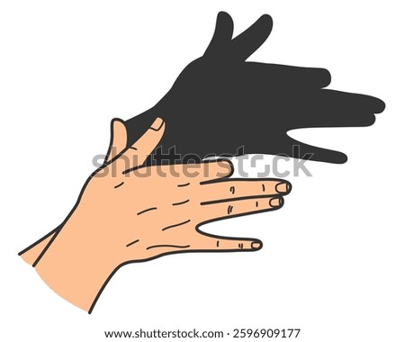 Hand gesture. Gaming animal puppet from hand. Light shade imagination ingenious. Hand play theatrical puppet. Vector cartoon illustration
