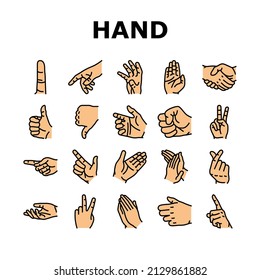 Vector De Gesto De Mano Y De Iconos Gesticulados. Atención Y Gesto De Puntero, Subir Y Bajar, Tocar Con Dedo Y Sacudir La Mano, Gesturar La Línea De Amor Y Paz. Ilustraciones de color
