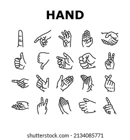 Hand Gesture And Gesticulate Icons Set Vector. Attention And Pointer Hand Gesture, Thumb Up And Down, Touch With Finger And Handshake, Gesturing Love And Peace Black Contour Illustrations