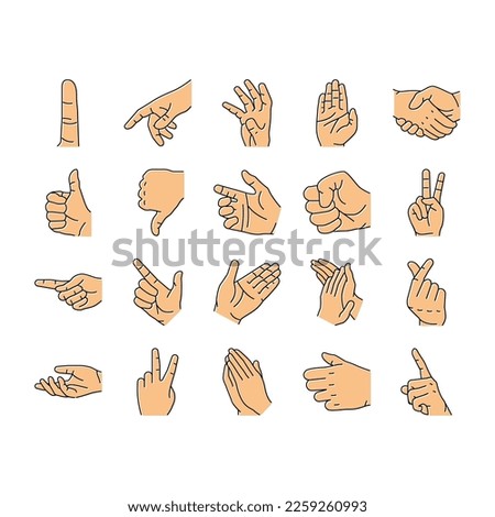 Hand Gesture And Gesticulate Icons Set Vector. Attention And Pointer Hand Gesture, Thumb Up And Down, Touch With Finger And Handshake, Gesturing Love And Peace Line. Color Illustrations