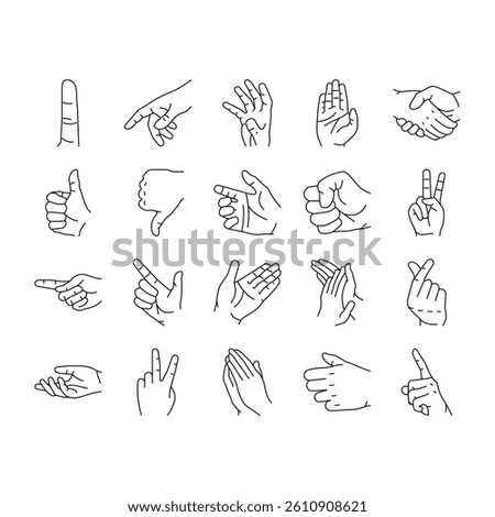 Hand Gesture And Gesticulate Icons Set Vector. Attention And Pointer Hand Gesture, Thumb Up And Down, Touch With Finger And Handshake, Gesturing Love And Peace Black Contour Illustrations