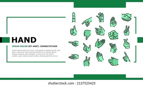 Hand Gesture And Gesticulate Landing Web Page Header Banner Template Vector. Attention And Pointer Hand Gesture, Thumb Up And Down, Touch With Finger Handshake, Gesturing Love And Peace. Illustration