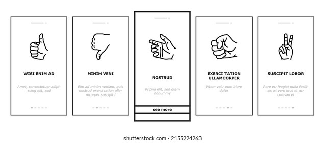 Vector De Pantalla De La Página De La Aplicación Móvil De Gesto De Mano Y Gesticulado. Atención Y Gesto De Puntero, Arriba Y Abajo, Toque Con Amargo De Dedo, Gesto De Amor Y Paz. Ilustraciones