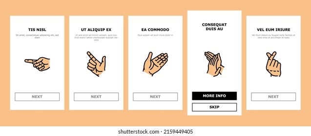 Vector De Pantalla De La Página De La Aplicación Móvil De Gesto De Mano Y Gesticulado. Atención Y Gesto De Puntero, Arriba Y Abajo, Toque Con Amargo De Dedo, Gesto De Amor Y Paz. Ilustraciones