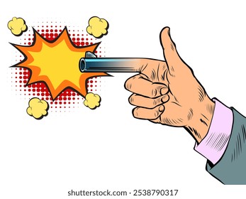 Hand gesture gun with explosion effect. Discounts and promotions for business clients. Effective bright price special offer. Pop Art Retro Vector Illustration Kitsch Vintage 50s 60s Style. On a white