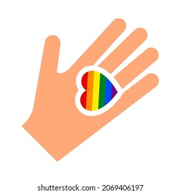 Hand gesture with heart and flag of pride lgbt, drawn fingers hold symbol lgbtq