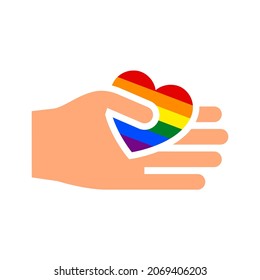 Hand gesture with heart and flag of pride lgbt, drawn fingers hold symbol lgbtq