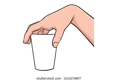 Hand gesture hold coffee mug comic book pop art isolated. Drink advertising gesture. Sketch cartoon retro coffee break cup arm. Coffee mock up hand gesture vector illustration.