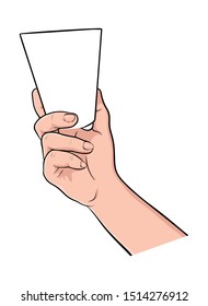 Hand gesture hold coffee mug comic book pop art isolated. Drink advertising gesture. Sketch cartoon retro coffee break cup arm. Coffee mock up hand gesture vector illustration.