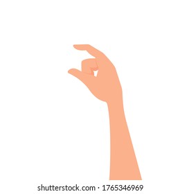 Hand gesture, hold with two fingers. Vector color illustration isolated on white. Flat cartoon design, eps 10. Concept: gesturing, decoration, decoration to demonstrate something.