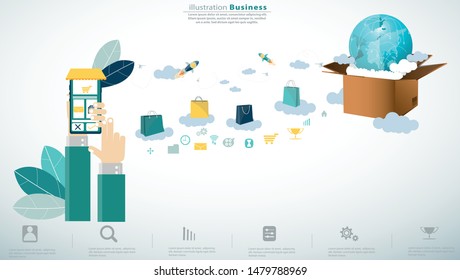  Hand gesture hold and using cellphone, flat style, online shopping concept with  cardboard boxes,cloud,earth, icon,paper bag,paper  rocket fold,Infographics template.