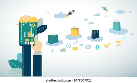Hand gesture hold and using tablet, flat style, online shopping concept with icon,paper bag,paper  rocket fold.