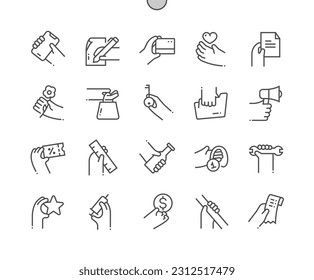 Hand gesture. Hand holding document, flower, bag, key, folder, megaphone, coupon, ruler, bottle and other. Pixel Perfect Vector Thin Line Icons. Simple Minimal Pictogram