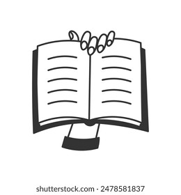 Hand Gesture Holding Open Book Doodle Icon. Outline Knowledge Studying Reading Symbol. Isolated vector illustration 