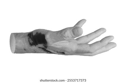 Hand gesture for holding or presenting an invisible object or product. outstretched, isolated on white background. Halftone dotted retro style vector