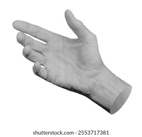 Hand gesture for holding or presenting an invisible object or product. outstretched, isolated on white background. Halftone dotted retro style vector