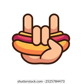 Hand Gesture with Hot Dog - Rock On Foodie Cartoon Vector Illustration