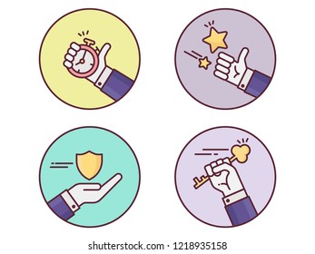 hand gesture icon among there are timer, top rating, saving protection, key lock