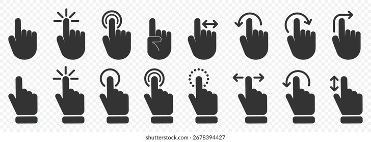 Handgesten-Symbolsammlung. Touchscreen-Interaktionssymbole mit Tippen auf Scroll- und Fingerklicksymbole