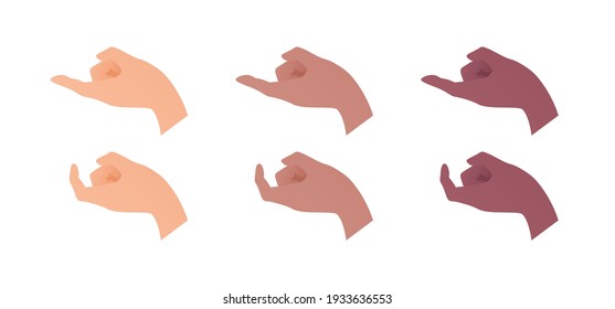 Hand gesture icon collection. Vector flat multiracial llustration set. Caucasian, african american and indian ethnic. Come hither sign. Come closer, invite, flirting symbol. Design element for web.