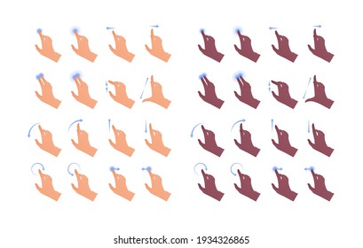 Hand gesture icon collection. Vector flat multiracial llustration set. Caucasian, african american multiracial ethnic. Finger touch screen application contol and point symbol. Design element for web.