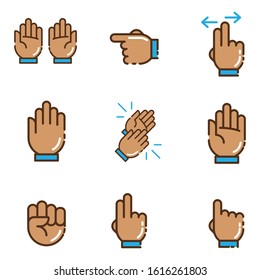 Hand Gesture Icon Flat Color Style, Simple Set on White Isolated Background
