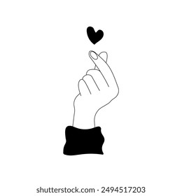 Hand gesture icon with heart isolated on white background. Line hand drawn black and white vector illustration